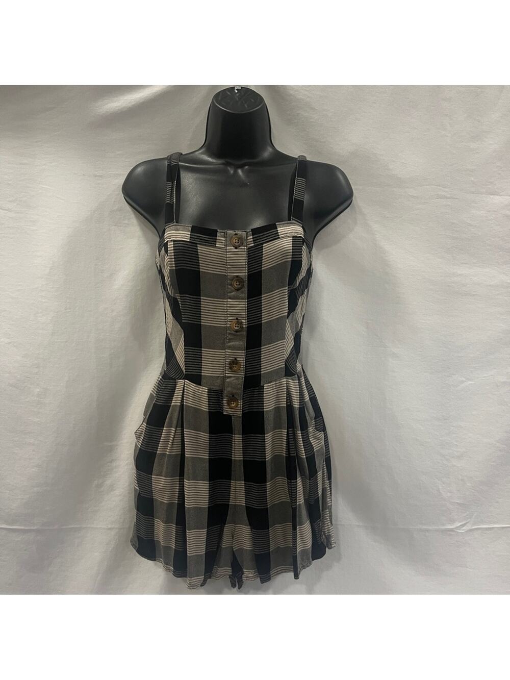 Hollister Romper Plaid Womens Small Black Tan Sleeveless Pockets Summer Beach